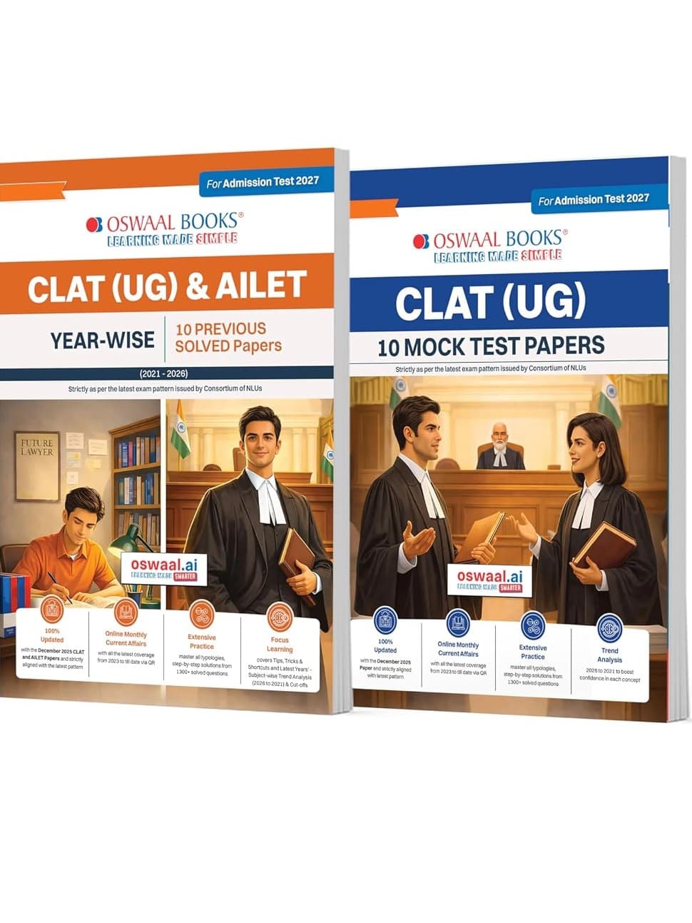 Oswaal CLAT (UG) & AILET Year-wise 10 Previous Solved Papers + 10 Mock Test Papers (Set of 2 books) | For 2027 Admission Te